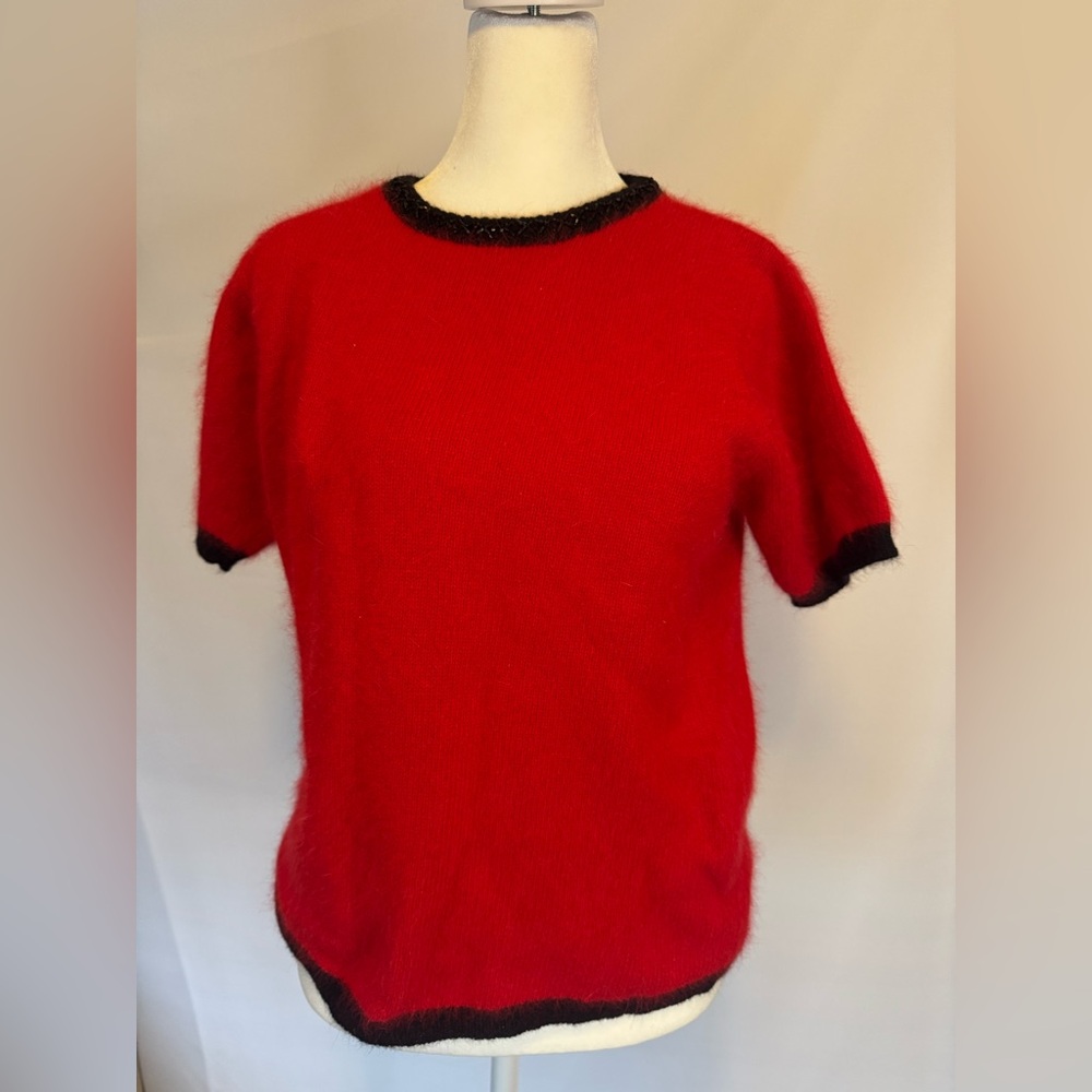 Rafaella SMALL red short sleeve, angora/wool blend sweater with black trim